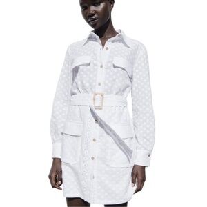ZARA BELTED EMBROIDERED MINI DRESS WHITE SIZE  | 3502/914
